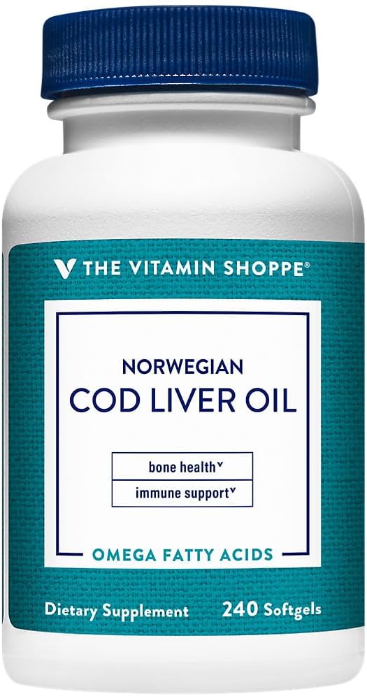 The Vitamin Shoppe Norwegian Cod Liver Oil, Natural Rich Source of Vitamins A & D, Natural Source of Omega-3s, Supports Heart & Brain Health (240 Softgels)
