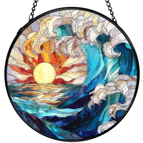 XFCICRLJ Sun Coastal Ocean Suncatcher Stained Glass Window Hanging, Ocean