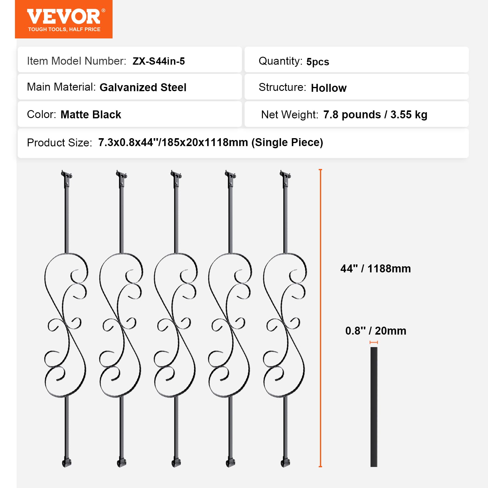 VEVOR Metalowe balustrady schodowe 1122 mm balustrady dekoracyjne pręty ze stali ocynkowanej 5 S tralki z butami i śrubami do drążonych ślimaków schodowych balustrady, czarny