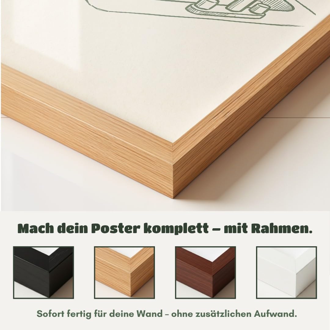 MJ-GRAPHICS® Poster Waschender Waschbär Kunstdruck humorvoll Wandbild Cartoon Stil minimalistisch Küche Deko lustig Tiermotiv Wanddeko Skizzenoptik Wohnzimmer A2 mit weißem Rahmen