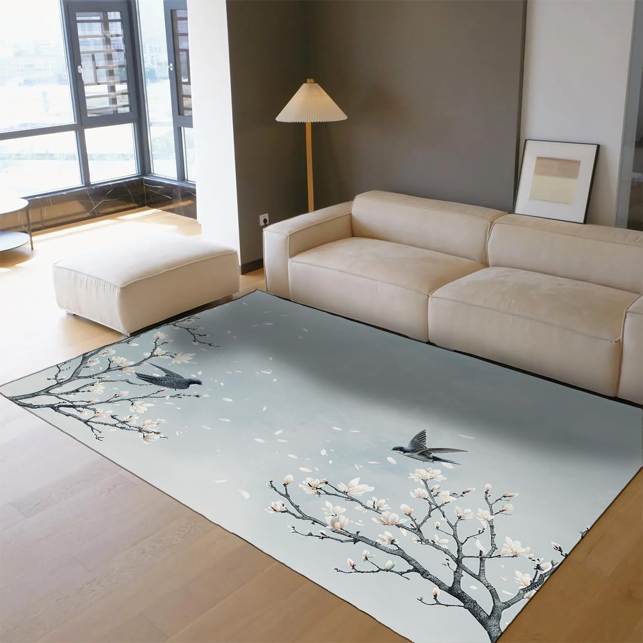Teppich 120x170cm Vintage Blumen Zweig Waschbar rutschfest Vögel