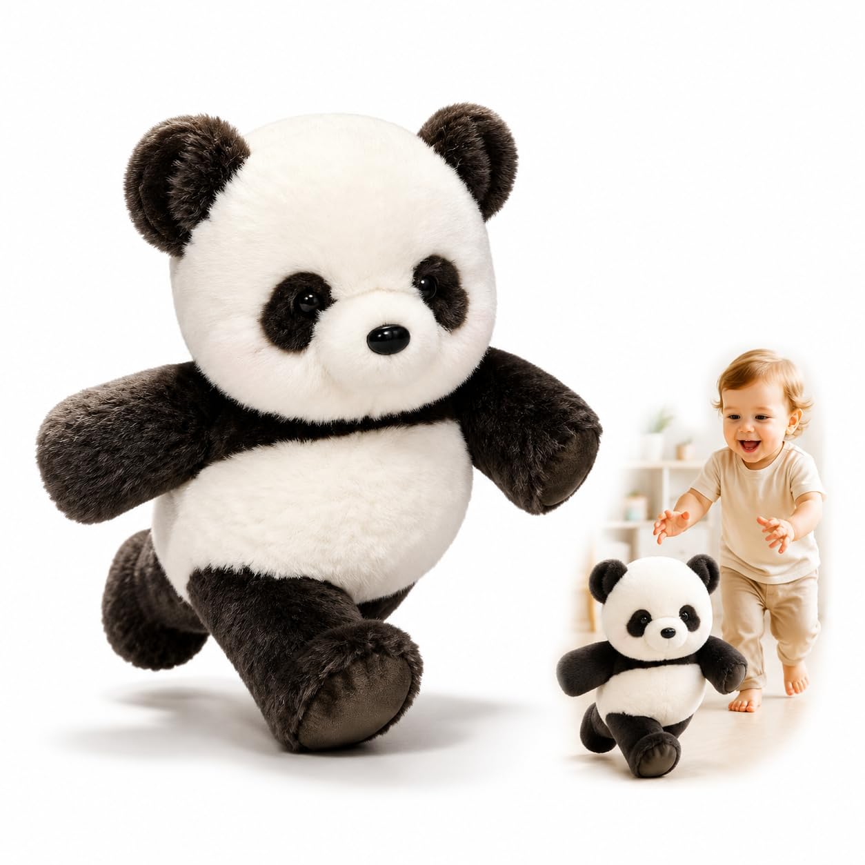 Moomoo Plüschtier, 45/60cm Das laufende Plüsch-Kälbchen, Zum Kuscheln und Spielen Geeignet, um Stress Abzubauen, Laufende Kuh – Kuscheltier Als Geschenk für Jungen und Mädchen (Schwarzer Panda,45cm)
