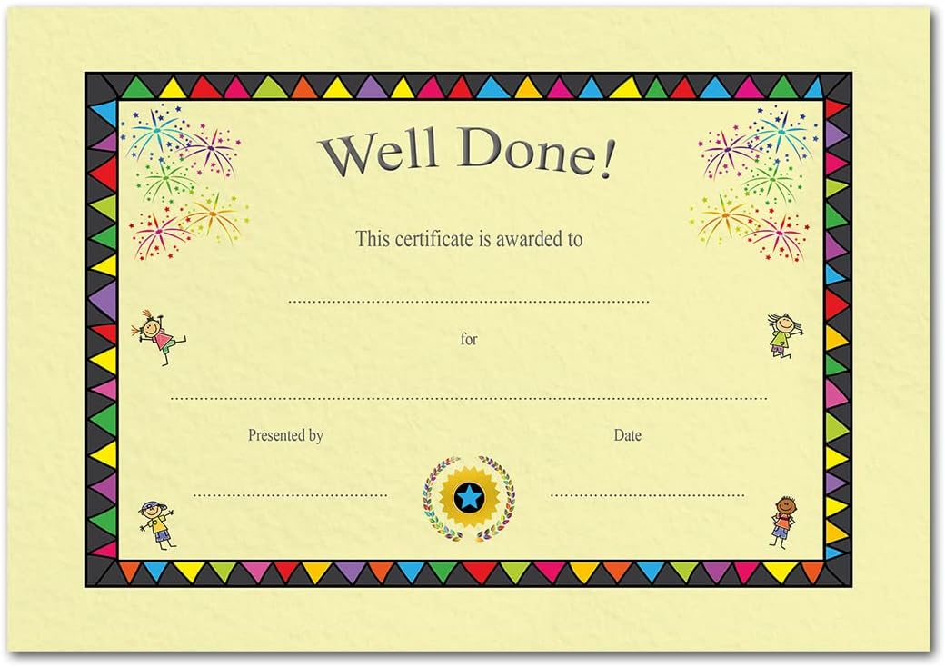 Kids Well Done Yellow Certificate - 25 Pack - Special Award Achievement Recognition - Blank Fill-in Cards - School Children Sports Beaver Brownie Cub Scout - A5 Size - Eco-Friendly - UK Made