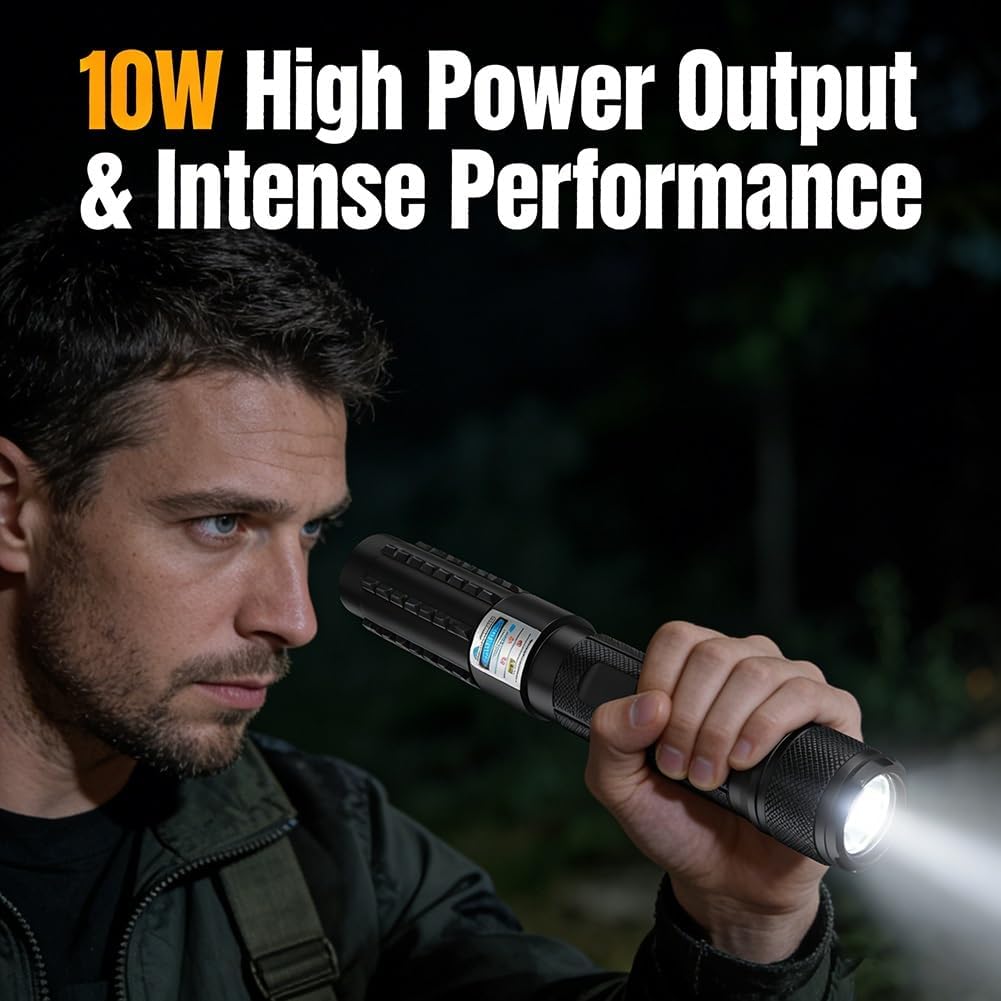 Adjustable High Power Blue Burning Light, Long Range Handheld Flashlight with Adjustable Focus, Multi Pattern Star Caps & Gift for Camping, Hunting, Fishing & Adventures(Black-Color Box)
