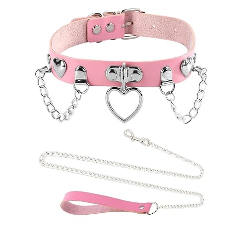 Tosmifairy Soft Leather Choker Collar with Chain Leash Set Heart Pendant Necklace for Womens Pet Dogs Cats Unique Gifts - Pink