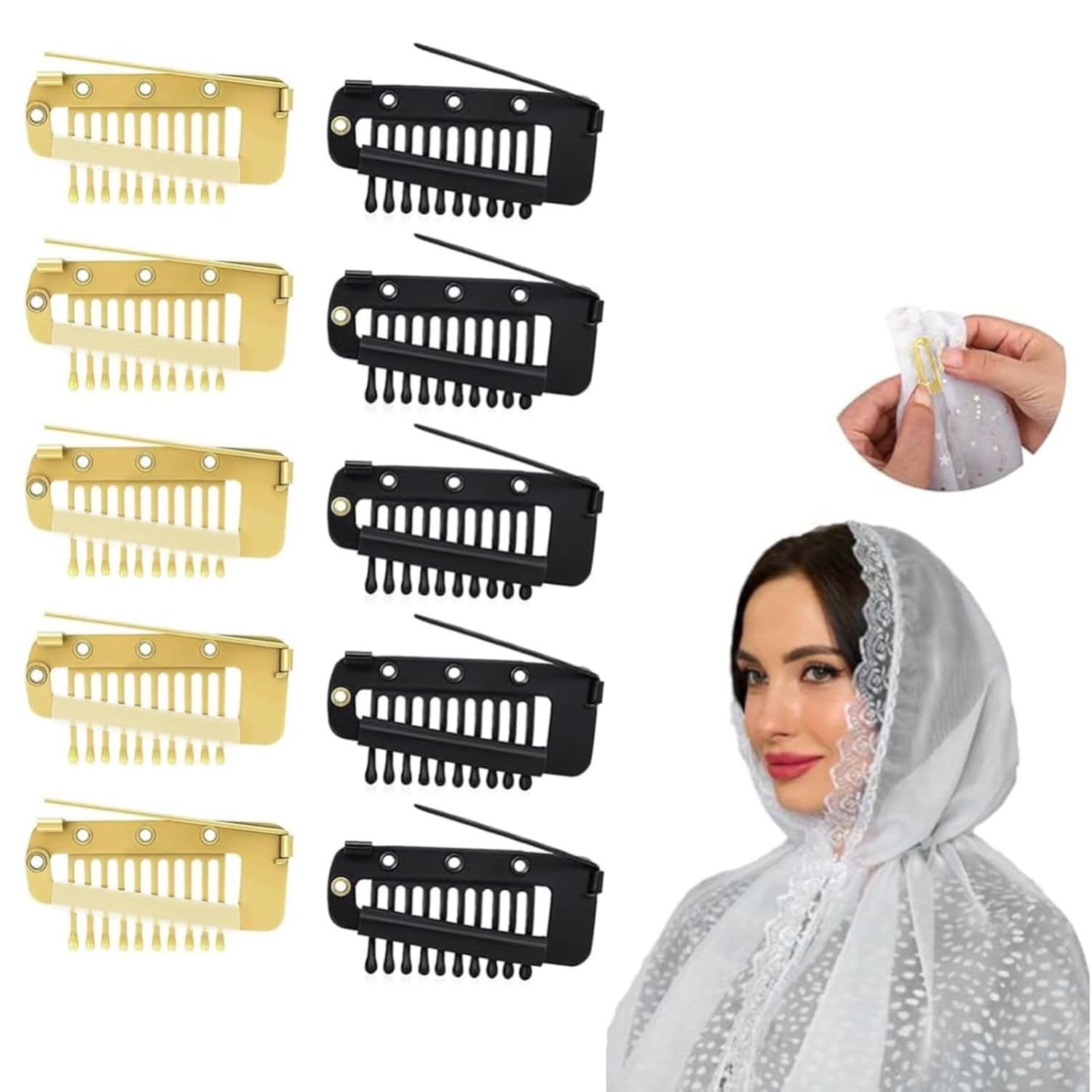 ECLATE ACCESSORIES Dupatta Clips, 10 Pieces Gold & Black, Stainless Steel Hair Pins with Safety Lock for Bridal Veil