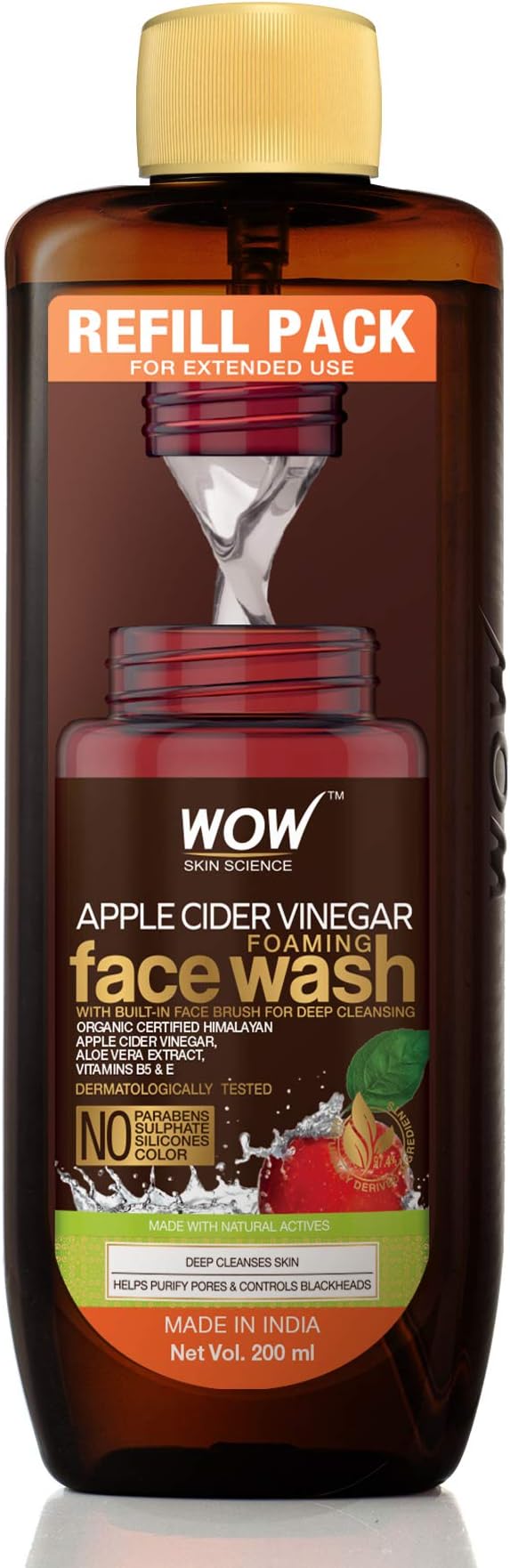 WOW Skin Science Apple Cider Vinegar Foaming Face Wash Refill Pack - with Organic Certified Himalayan Apple Cider Vinegar - For Extended Use - No Parabens, Sulphate, Silicones & Color - 200 ml