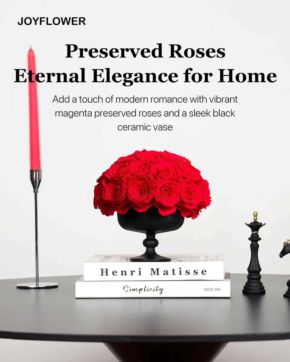 JoyFlower Preserved Flowers Vase Ceramic Decor, Red Eternal Flower Vases for Centerpieces, Forever Flower Decorations for Party Home Wedding Table Living Room Bedroom, Ceramic Flower Vase House Decor