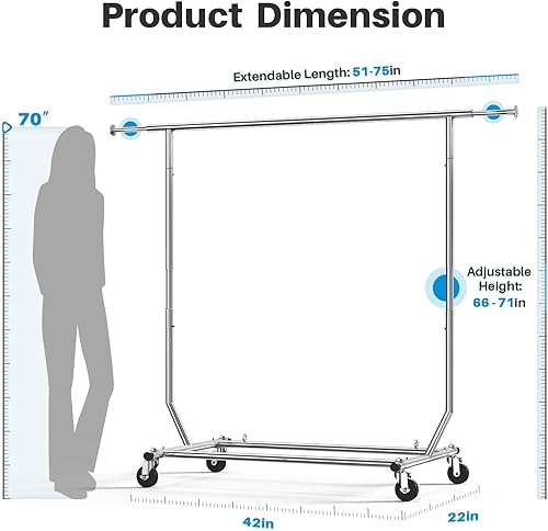 Vista 6 de HOKEEPER Perchero de ropa rodante para colgar ropa, perchero portátil con ruedas bloqueables, perchero comercial resistente para dormitorio, sala