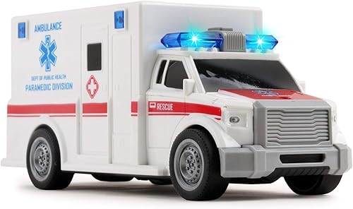 Vokodo Coche de juguete con luz y sonidos de emergencia para niños y niñas con ambulancia de rescate alimentado por fricción a escala 120 con luces