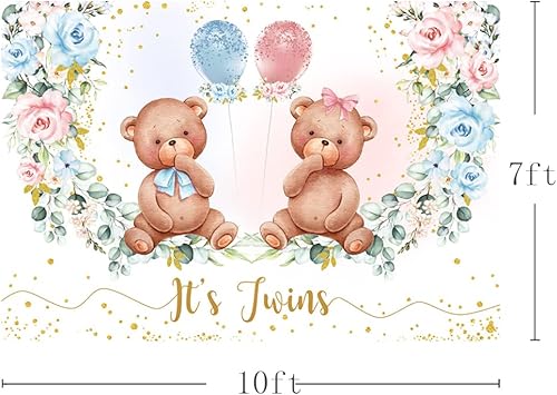 Miniatura 3 de MEHOFOND Telón de fondo para baby shower con temática de oso gemelo para niños y niñas, decoración floral rosa y azul para fiesta de cumpleaños,