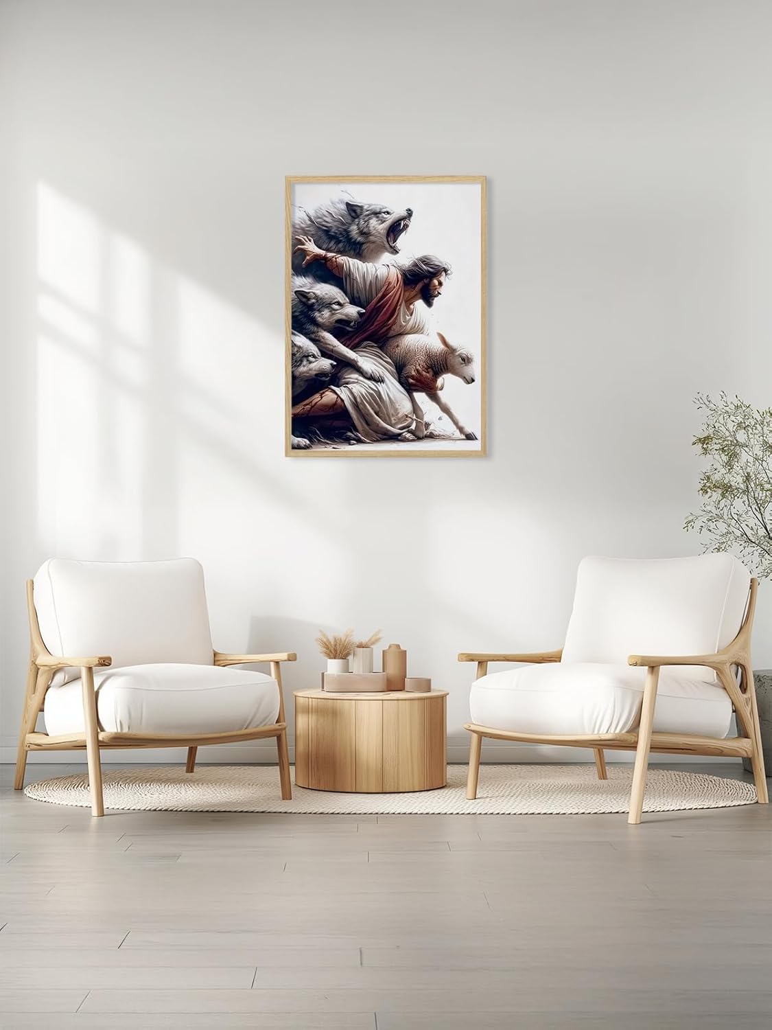 BIBLSPACE Jesus Wall Art Religious Wall Decor Christian Posters for Wall Pictures of Jesus Saves the Lost Lambs Canvas Wall Art for Living Room Bedroom Christian Wolf Art Framed 16x24 Inch