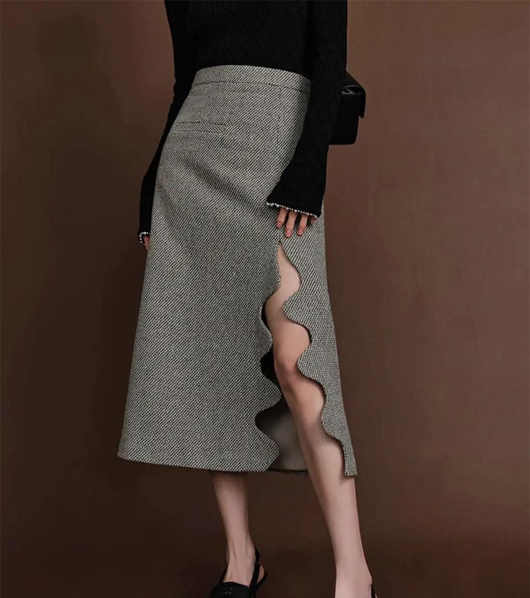 Women Tweed Maxi Skirt Button Down Split High Waist Trumpet Shape Elegant Office Long Skirt