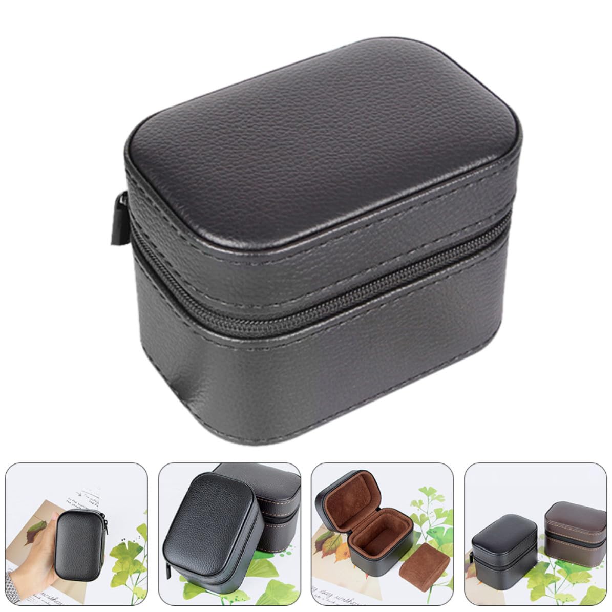Schwarze Leder Uhrenbox mit Flanell, Eleganter Behälter für Sammlerstücke | Schutz und Aufbewahrung, Kompaktes Format, Praktischer Reißverschluss