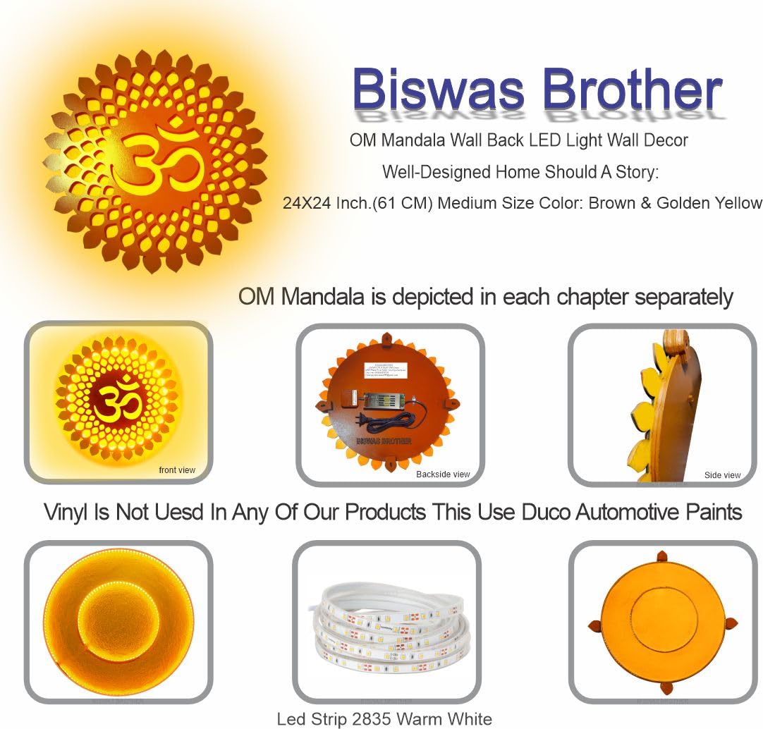 Biswas Brother OM Mandala Wall Back lid LED Light Wall Decor A Well-Designed Home Should Tell a Story,Size(24 inch X 24 Inch ) Large Size(Brown) 2
