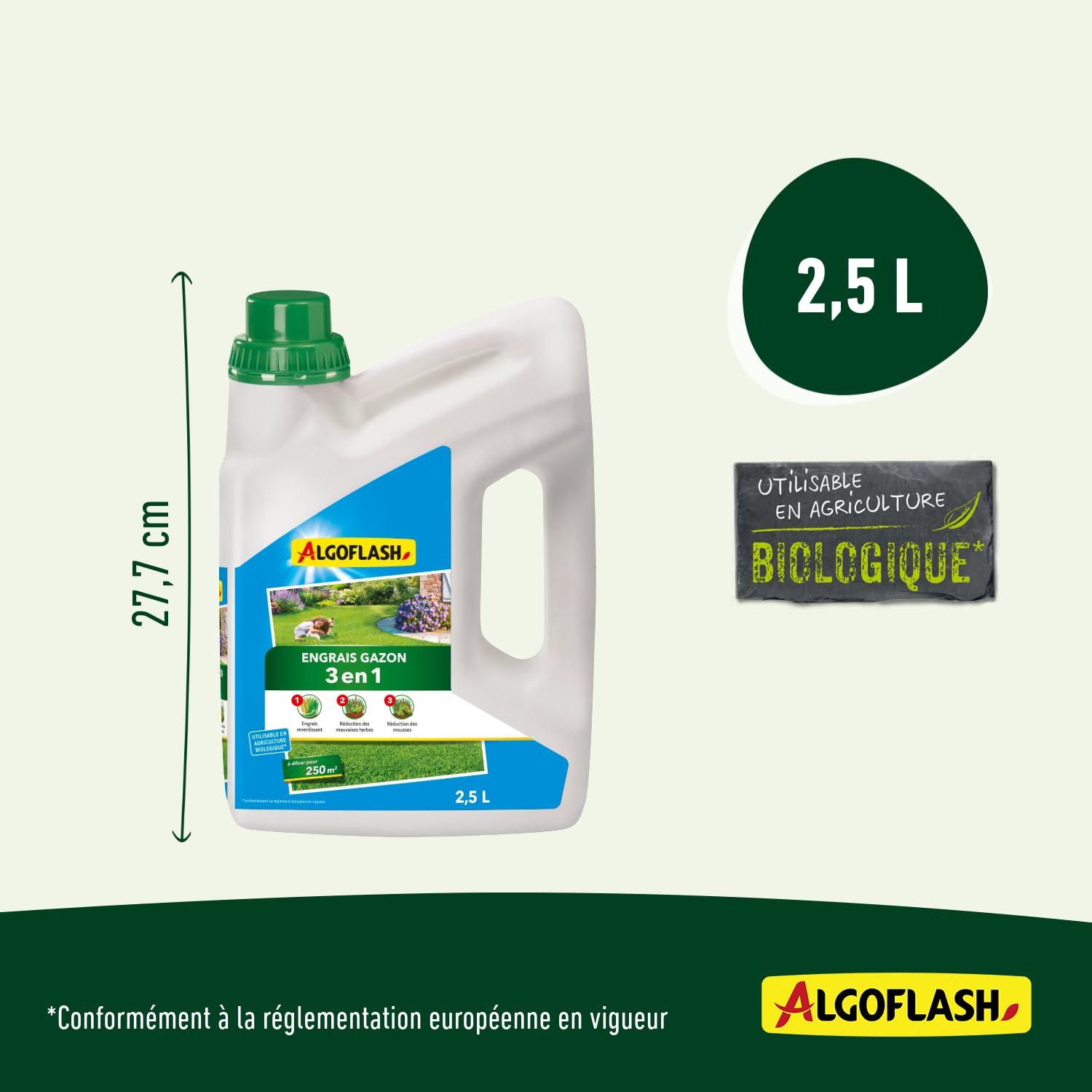 Algoflash Engrais Gazon Liquide 3 en 1 à diluer, Utilisable en Agriculture Biologique - 2,5 L, Marron