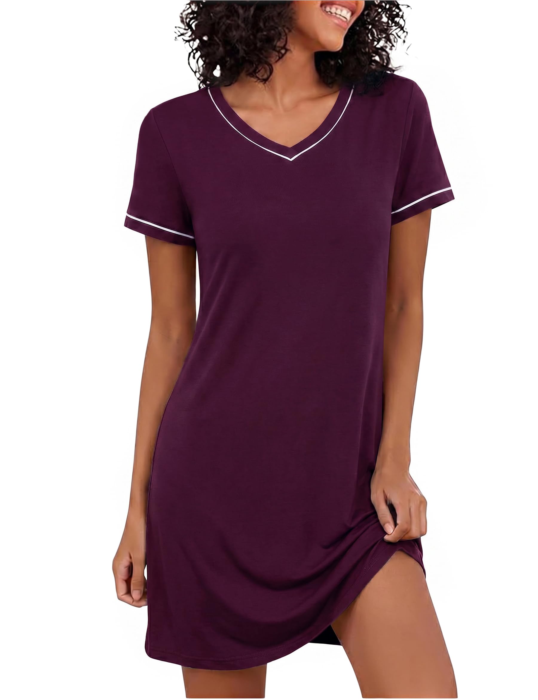 Marvmys Nachthemd Damen Kurzarm Sommer Nachtkleid Leichtes Atmungsaktives Sleepshirt mit V-Ausschnitt Schlafhemd Bequeme Loungewear Hauskleid Große Größen S-3XL