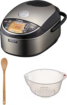 Zojirushi NP-NWC10XB 5.5-Cup Pressure Induction Heating Rice Cooker and Warmer Stainless Black Bundle with Kitchen Bamboo Spoon 15-Inch and 9.5-inch Rice Washing Bowl with Drainers 3 Items