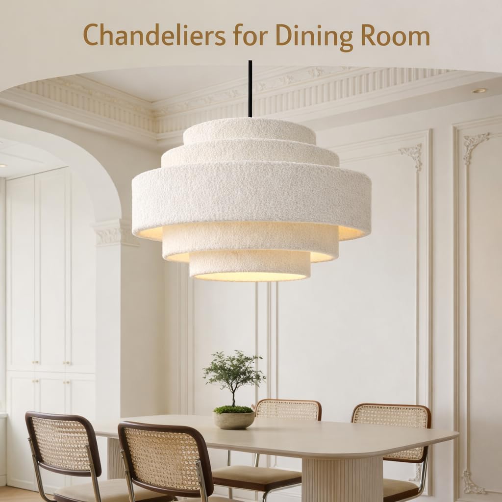 20'' Modern 5-Tier Chandelier, Large Plush Drum Pendant Light for Kitchen Island, Adjustable Height & White Shade, Coastal Hanging Lighting Fixture for Dining Room, Living Room, Bedroom, Foyer