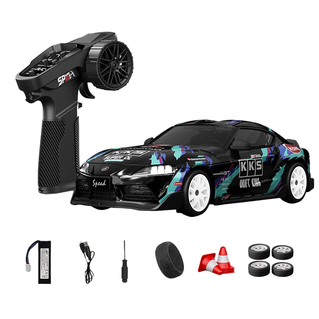 NULA 1:24 RC Drift Car, D24 RTR Full Proportional 4WD High Speed Remote Control Car with Gyro, Dual Drift Racing Tires, LED Light Effects for Adults- (S3 Black Finish / D24-01)