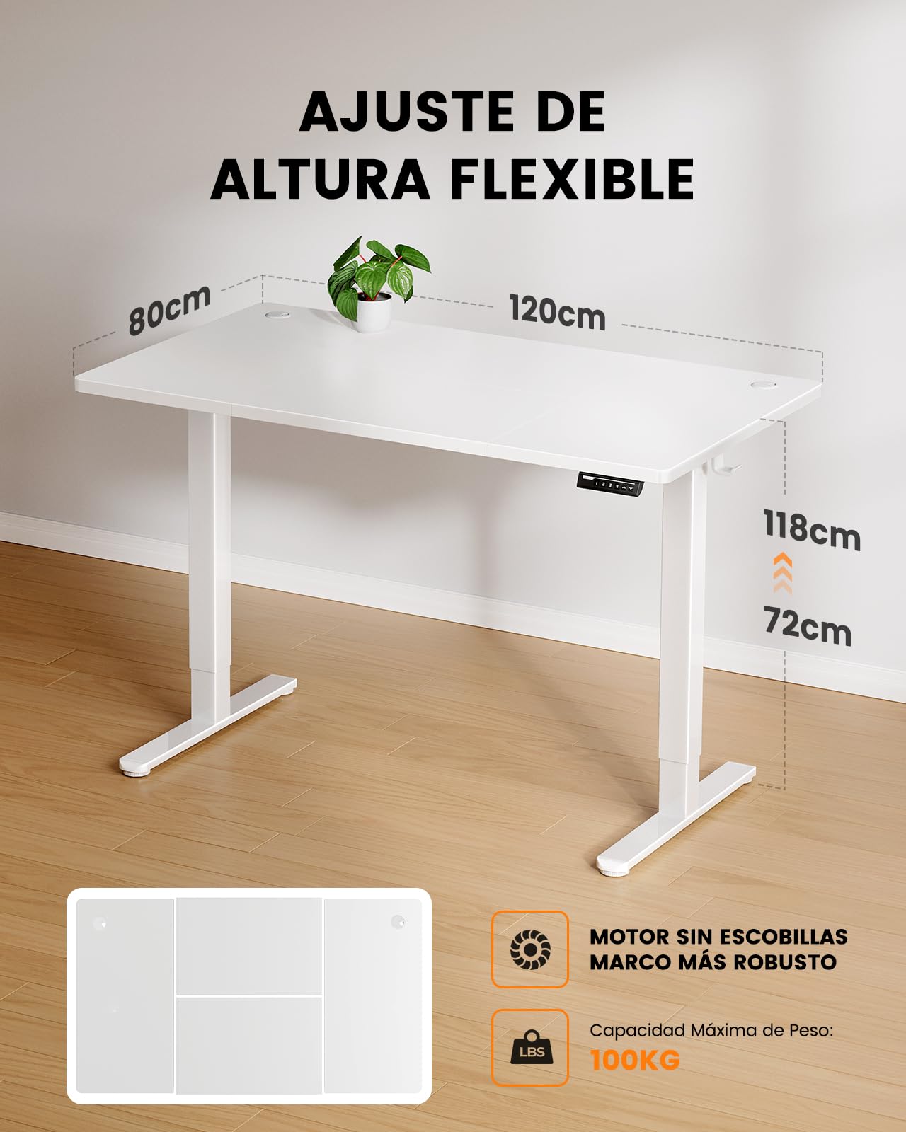 ErGear Escritorio Eléctrico en altura120x80cm,100KG de Capacidad de Carga Escritorio Ajustable con avanzado Motor sin escobillas,Robusto armazón metálico,Tablero de Cuatro Partes