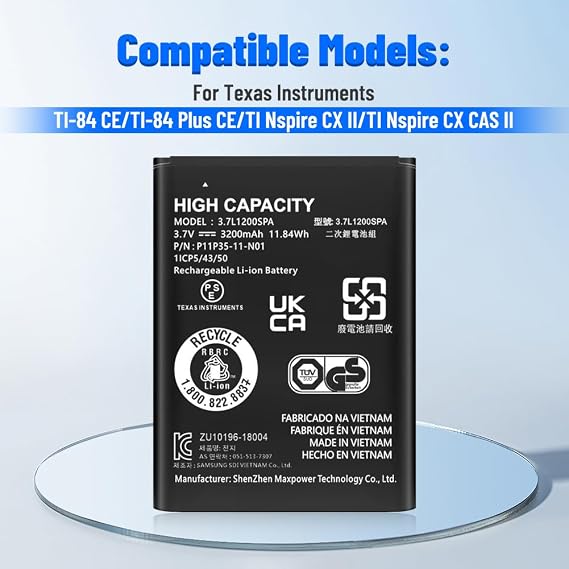 TI 84 Plus CE Battery, Replacement for Texas Instruments TI-84 Plus CE Battery-Part No 3.7L1200SPA, P11P35-11-N01 3.7V 3200mAh
