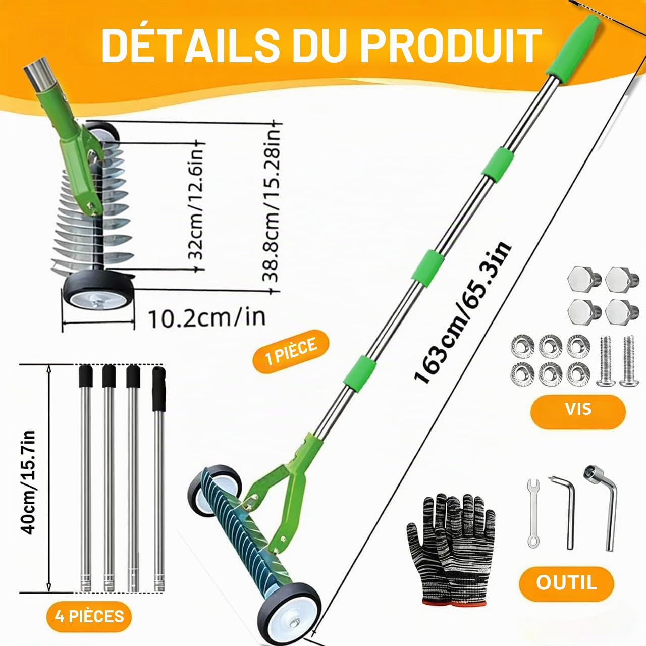 Scarificateur Manuel avec Roues, Scarificateur Manuel Gazon, Verticuteur à Manche de 165 cm, Aérateur de Gazon avec Roues, Amovible, Verticuteur Réglable, Houe de Scarification pour Jardin