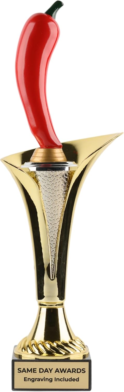 Chili Pepper Trophy Gold Typhoon Cup with Bright Red Figure on Marble Base with Custom Laser Engraving for Chili Cook Offs Food Competitions Culinary Awards and Fun Novelty Prizes