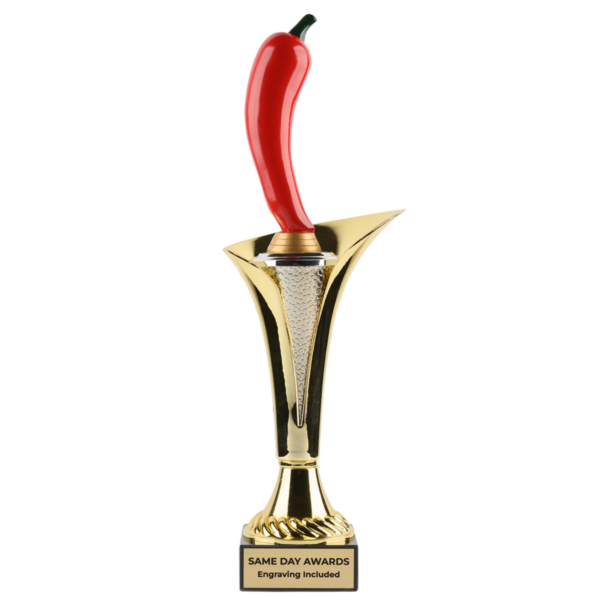 Chili Pepper Trophy Gold Typhoon Cup with Bright Red Figure on Marble Base with Custom Laser Engraving for Chili Cook Offs Food Competitions Culinary