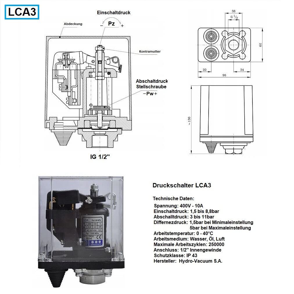 Hochwertiger 400V - LCA3 - Druckschalter für Luft, Wasser, ÖL - Abschaltdruck bis 11bar