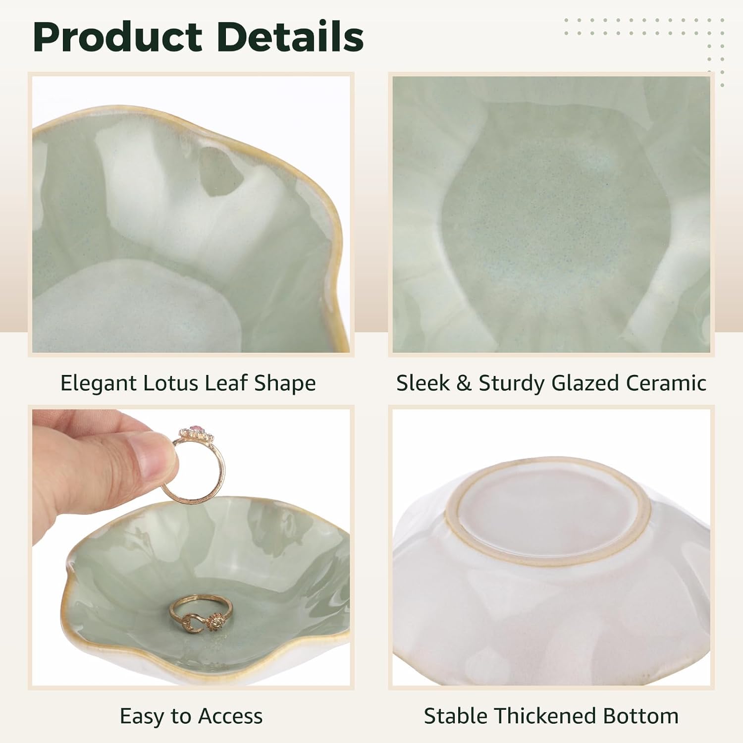 9 Pcs Ceramic Jewelry Dishes, Lotus Leaf Ring Dishes, Small Trinket Trays, Green Pottery Plates, Gold-Trimmed Jewelry Holders, Cute Key Bowls for Nightstand Decor
