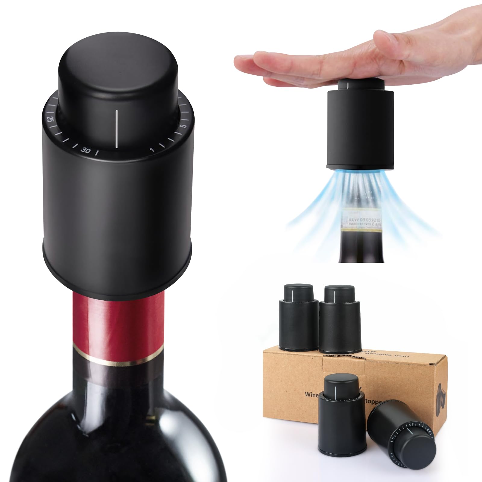 Set 4 Tappi Per Vino Sottovuoto Riutilizzabili - Mantieni Il Vino Fresco Per Settimane
