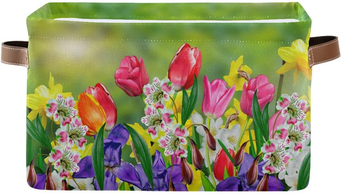 Spring Tulip Lavender Flowers Storage?Basket?Fabric?Laundry?Baskets Green Leaves Herbs Storage?Boxes?Organizer?Bag?for?Baby?Cloth?Dog?Toy?Book?Storage?Cubes?Shelf?Closet?Bins?16¡Á12¡Á8?Inches