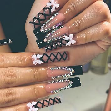 Long Square Press on Nails Black Fake Nails French Tip Glue on Nails 3D Bow False Nail Tips Full Cover Rhinestone Artificial Nails Finger Manicure Decorations Stick on Nails for Women Girls, 24pcs