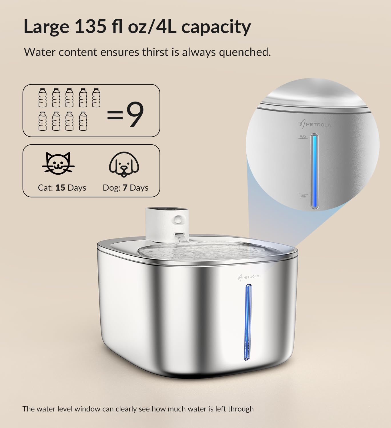 Wireless Cat Water Fountain Stainless Steel,135floz/4L Battery Operated Automatic Pet Fountain,Cordless Cat Water Dispenser Pet Drinking Water Fountain for Multicat Cats Dog Outdoor - Image 7
