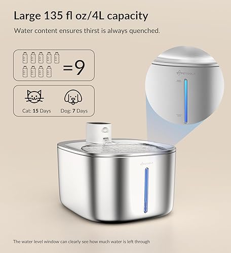 Miniatura 7 de Fuente de agua inalámbrica para gatos de acero inoxidable, 135 floz4 L, fuente automática para mascotas, dispensador de agua inalámbrica para gatos,
