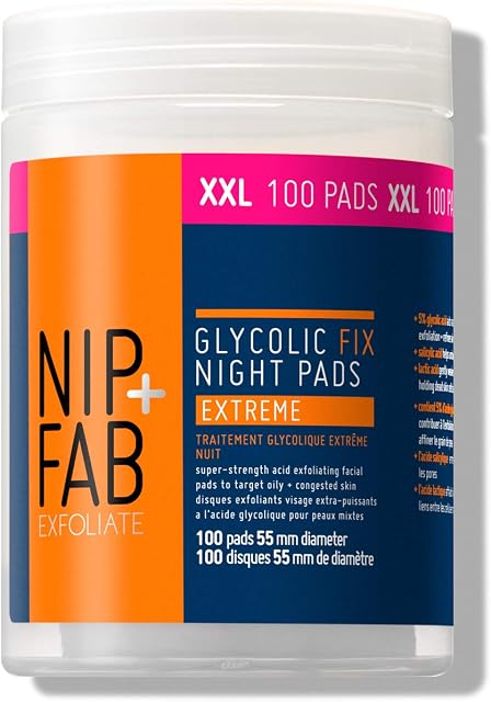 Nip + Fab Glycolic Acid Night Pads for Face with Salicylic, Hyaluronic Acid, Exfoliating Resurfacing AHA Facial Pad for Skin Toning Blemish Control Pigmentation, 100 Supersize Pads, Extreme