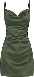 Women's Satin Sleeveless Spaghetti Strap Mini Dress Sexy Slip Cowl Neck Silky Cocktail Party Dresses - Buy now