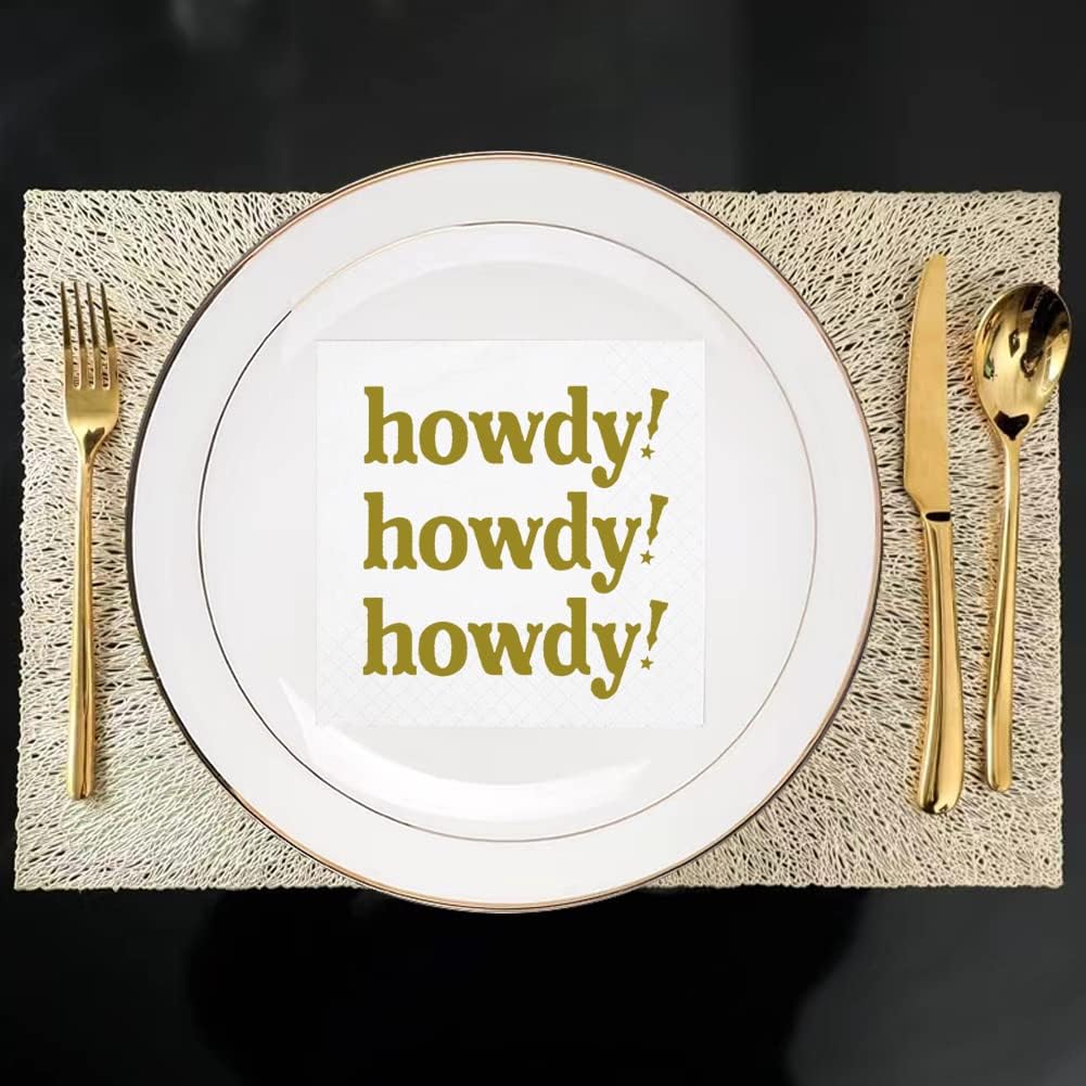 SharkBliss Howdy Cocktail Napkins, 100 Pack Howdy Paper Cocktail Napkins for Western Cowgirl Disco Last Rodeo Nashville Bachelorette Bridal Shower Table Decor | 2-Ply, 5x5" (Gold)