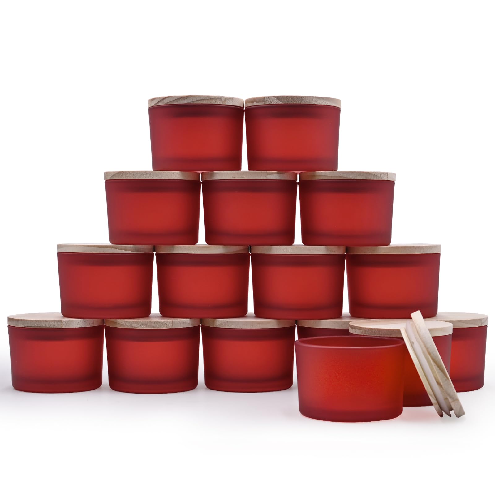 SHOWIN Thick Candle Jars for Making Candles 16 Pcs, 4 OZ Empty Jars with Wood Lids for Candle Making, Sample Container - Dishwasher Safe, Frosted Red