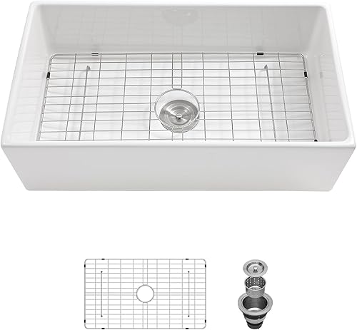 Miniatura 2 de Fregadero de granja blanco de 30 x 18 pulgadas, fregadero de granja de 30 pulgadas, delantal frontal de arcilla refractaria, fregadero rectangular