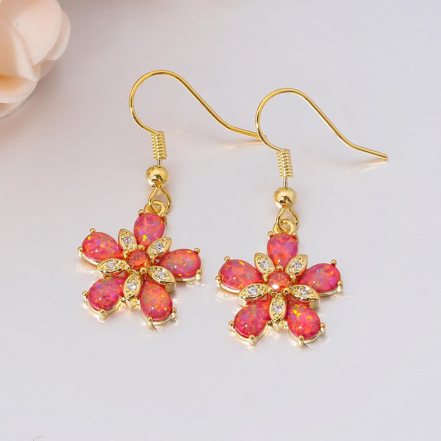 CiNily Flower Shaped Dangle Earrings for Women Girls Opal Drop Dangle Earrings 14K White/Gold Plated Dainty Leverback Dangle Earrings Lightweight Statement Jewelry for Wedding Party Birthday - Image 6