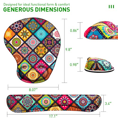 Mouse Pad with Wrist Support Ergonomic Gel, Keyboard Wrist Rest for Computer Keyboard with Raised Memory Foam for Desktop/Laptop/Notebook, Red Floral Colorful Mandala
