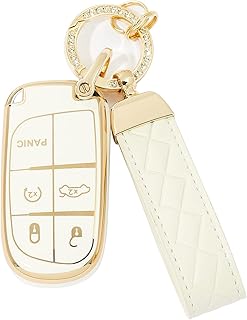 AKIYHIEI for Jeep Key Fob Cover with Leather Keychain, Soft TPU Full Cover Protection Key Case for Grand Cherokee Renegade Chrysler 200 300 Dodge RAM Durango Challenger Journey Smart Key (White)