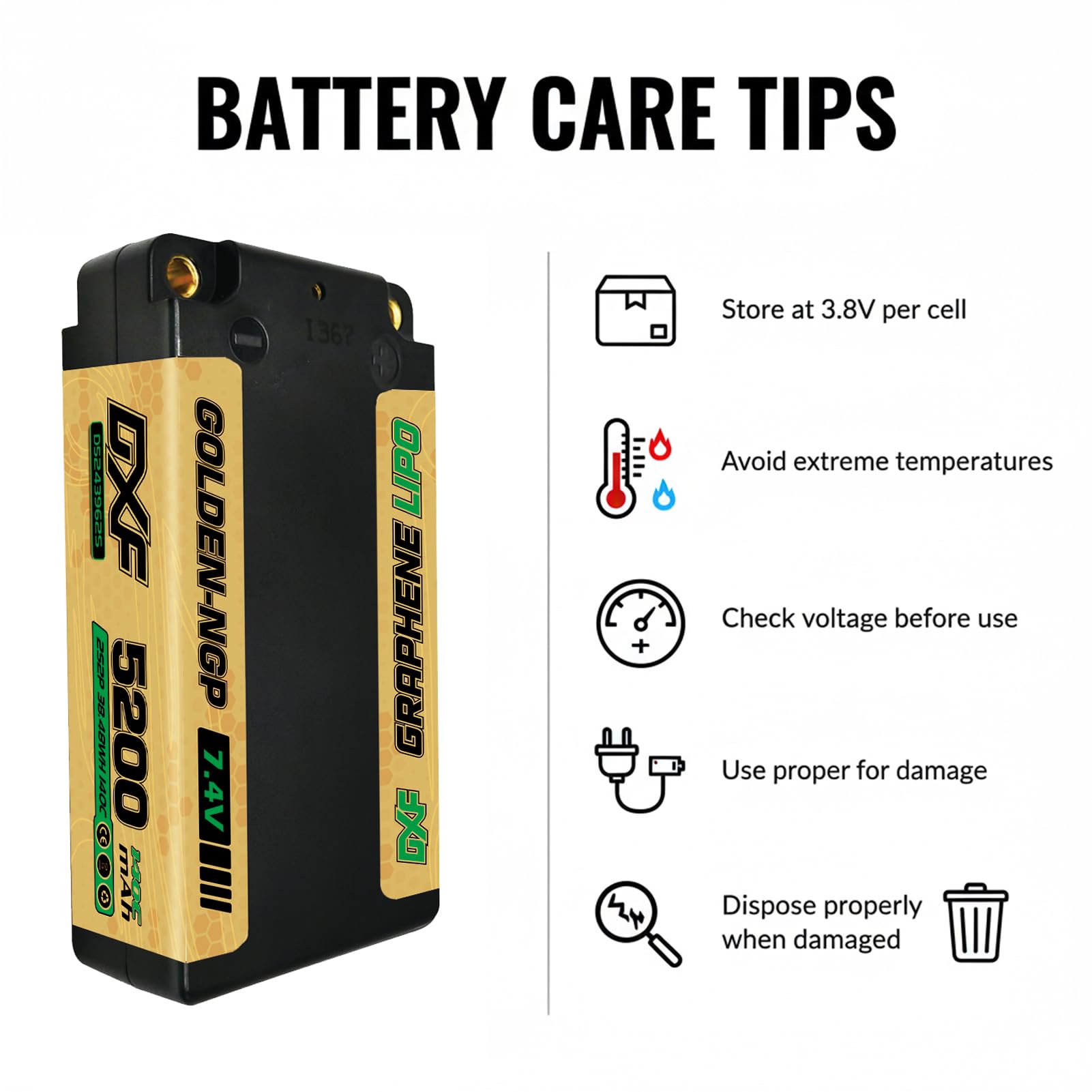 Batteria LiPo DXF 2S 7,4 V 120 C 5200 mAh Custodia rigida corta con connettore a sfera da 5,0 mm a T Deans per auto RC, camion RC, aeroplano, elicottero, barca, buggy, ala (2 confezioni)