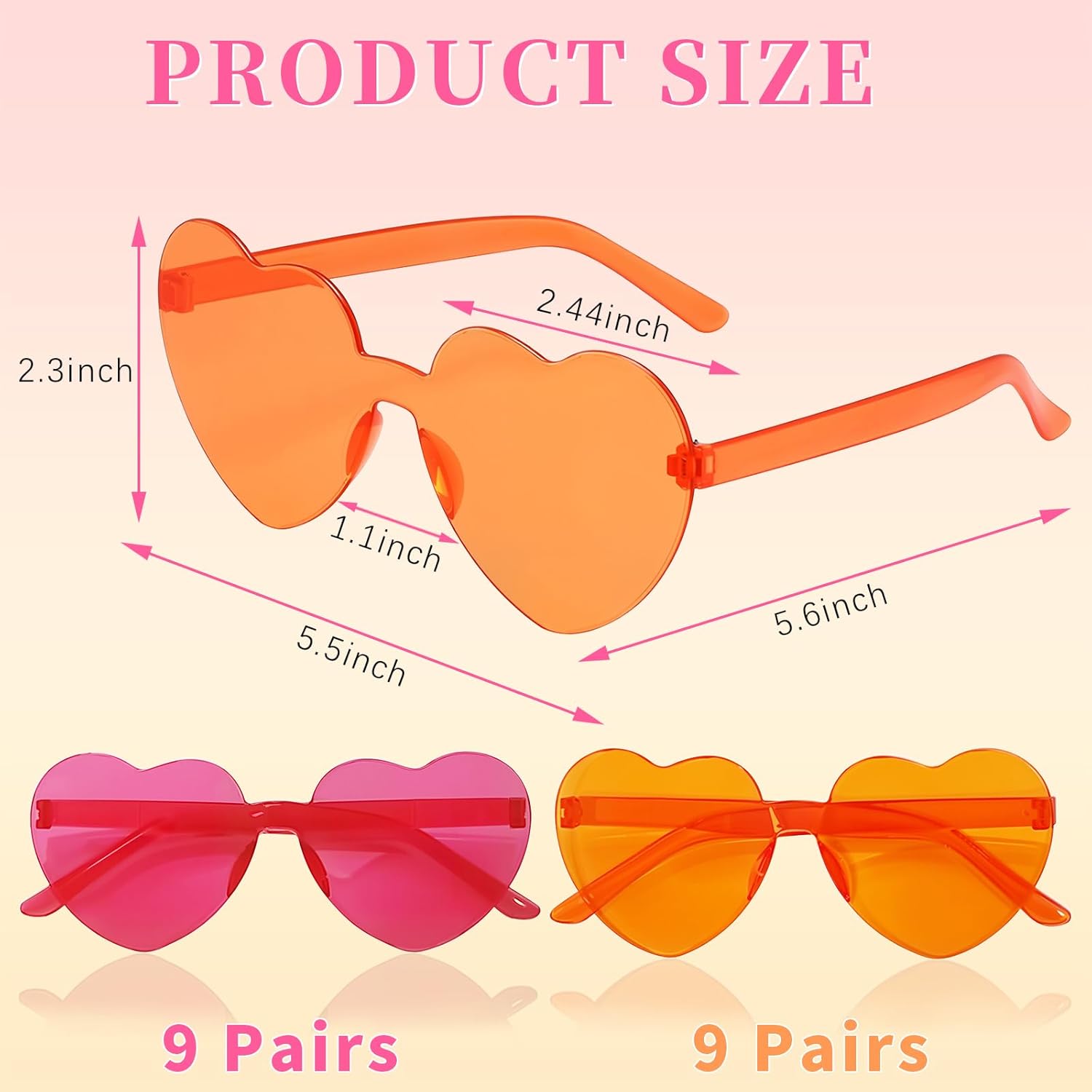 18 Pairs Pink and Orange Heart Sunglasses for Women Plastic Rimless Heart Shaped Glasses Bachelorette Party Sunglasses for Wedding, Bridal Shower, Valentine's, Sunset Party, Birthday - Image 2