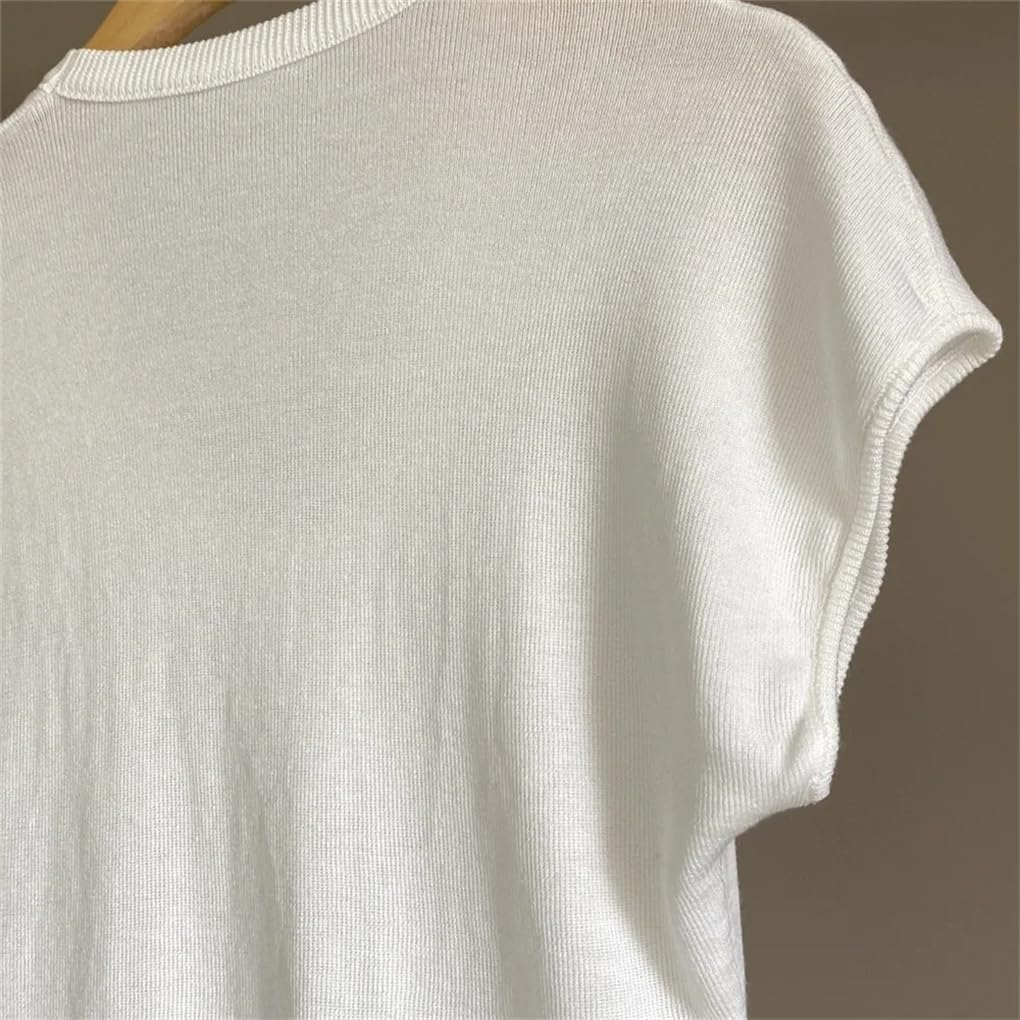 Women's Slim Fit Elastic Round Neck Knit Short Sleeve Top