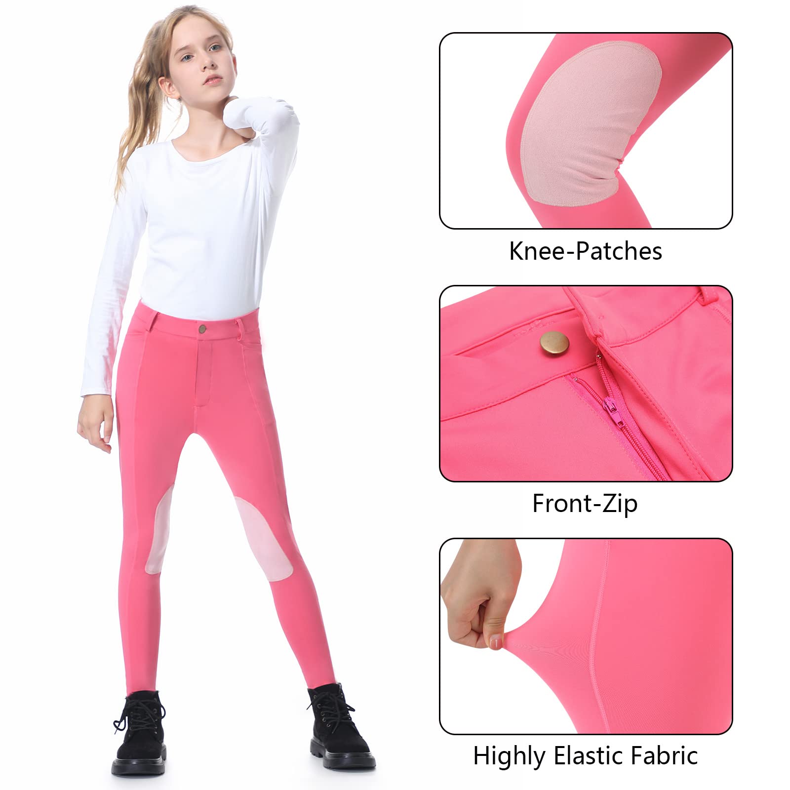 beroy Pantalones de equitación con parches de rodilla para niñas, pantalones ecuestres con cremallera frontal y bolsillos