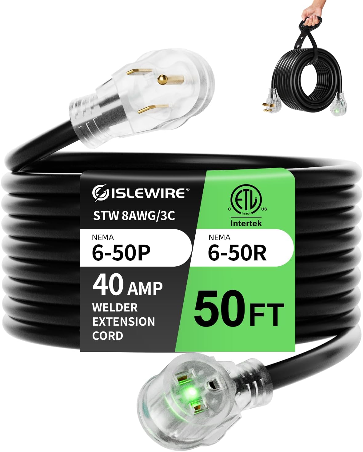 50ft 250V Welder Extension Cord, 8 Gauge Heavy Duty Outdoor Welding Cord with LED Indicator, NEMA 6-50P to 6-50R, 40 Amp 3 Prong Power Extension for Welding Machines, 8 AWG STW, ETL Listed