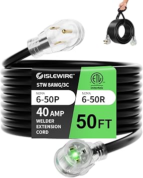 50ft 250V Welder Extension Cord, 8 Gauge Heavy Duty Outdoor Welding Cord with LED Indicator, NEMA 6-50P to 6-50R, 40 Amp 3 Prong Power Extension for Welding Machines, 8 AWG STW, ETL Listed